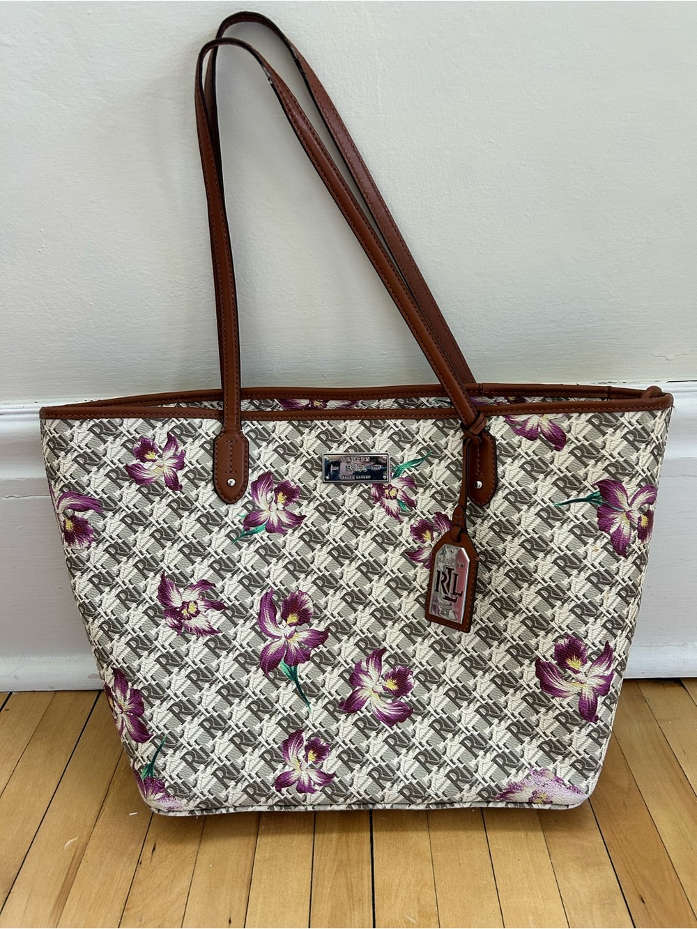 Ralph Lauren Cream Logo Tote with Purple Floral and Brown Trim